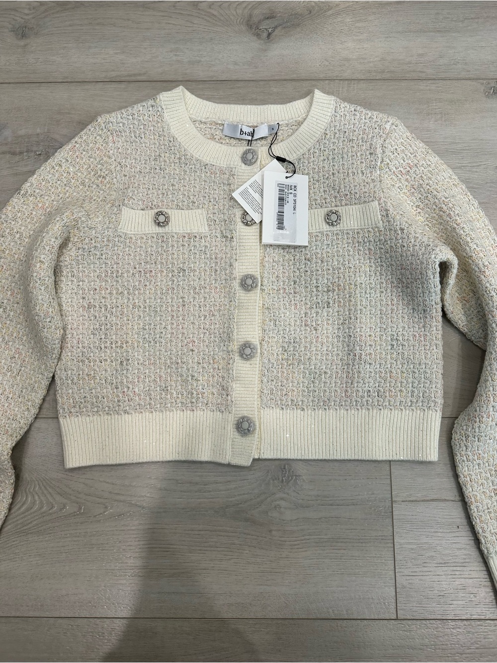 b+ab Ivory Tweed Bouclé Cropped Cardigan Jeweled Buttons Size S NWT
